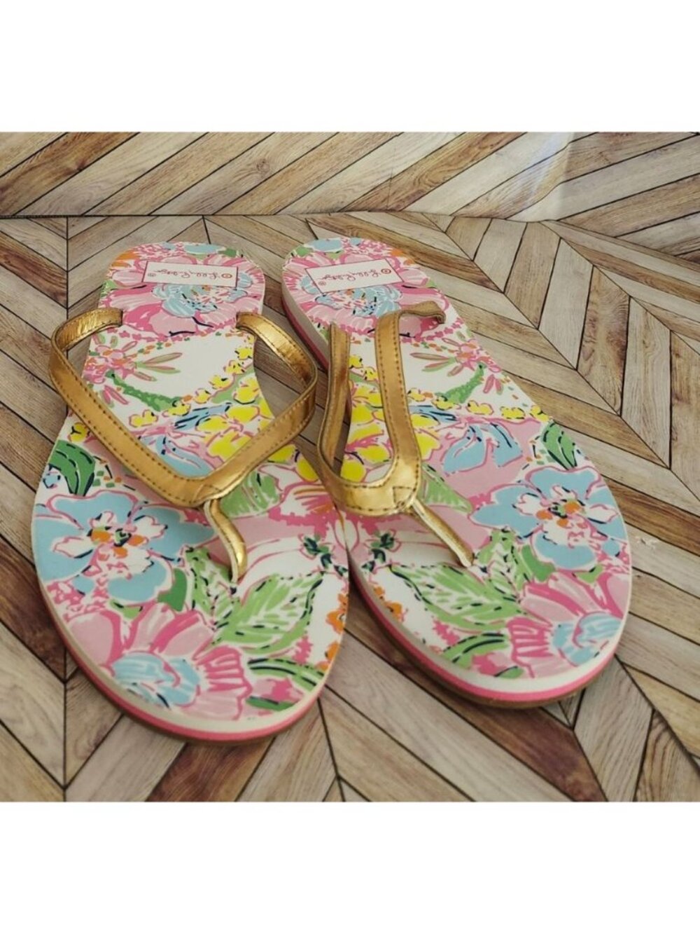 Women Lilly Pulitzer For Target Nosy Posy Gold Flip Flop Sandal Shoe Size 9